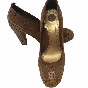 Sam Edelman Studded Snake‎ Print Pinup Brown Suede Heels 60’s Vibe Women’s 8.5